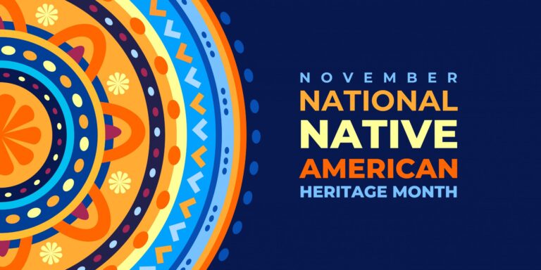 Colorful geometric Native American patterns on the left with text on a dark blue background: November National Native American Heritage Month.