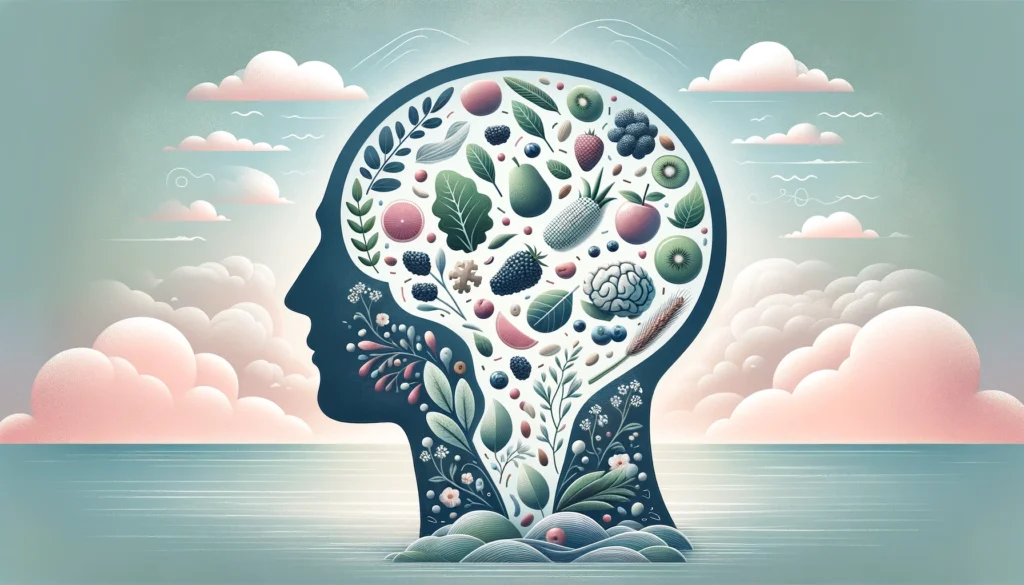 An illustration of a human head silhouette filled with various fruits, vegetables, leaves, and a brain, set against a pastel sky with clouds and water, symbolizing healthy nutrition for the mind.