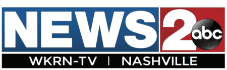 Logo for NEWS 2 ABC, WKRN-TV Nashville. The text NEWS 2 is in large white letters on a blue and red background, with the ABC logo in a black circle next to 2 and WKRN-TV | NASHVILLE plus food 2 families in white on a black bar below.