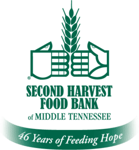 The logo for Second Harvest Food Bank of Middle Tennessee features two stylized hands holding wheat, with the text 46 Years of Feeding Hope on a green banner below.