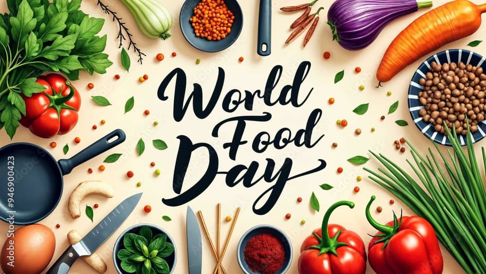 Colorful assorted vegetables, herbs, and spices such as tomatoes, carrots, eggplant, beans, and parsley arranged around the text World Food Day on a light background. Cooking utensils are also visible in the corners.
