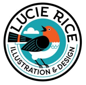 A circular logo with a stylized bird featuring a red head and black wings, set against a blue background with clouds. The text reads LUCIE RICE ILLUSTRATION & DESIGN.