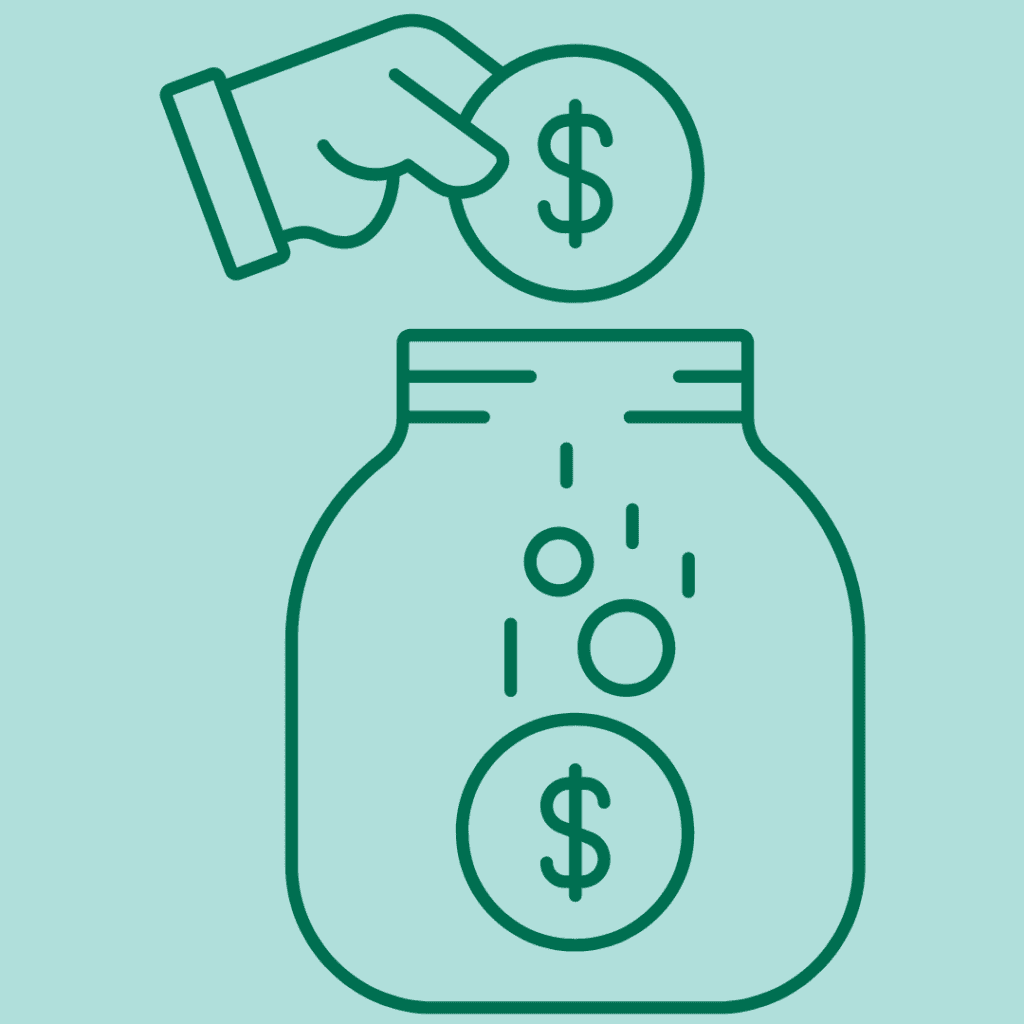 A hand drops a coin with a dollar sign into a jar filled with coins, symbolizing saving money. The image is in a simple green outline style on a light blue background.