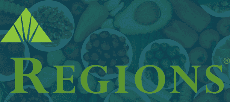 Green Regions Bank logo overlaid on a background image of various fresh fruits and vegetables, including avocados, tomatoes, mushrooms, and nuts.