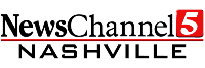 Logo for NewsChannel 5 Nashville, with NewsChannel in black text, a red underline, a red box with a white number 5, and NASHVILLE in black capital letters below.