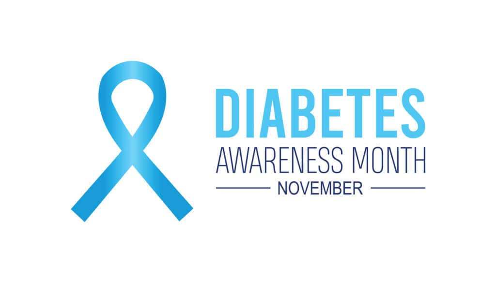 Blue ribbon symbol with text Diabetes Awareness Month November on a white background, raising awareness and support for diabetes and diabetes food insecurity this November.