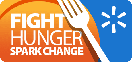 Fight Hunger Spark Change logo with a fork overlay, orange and blue background, and a white spark symbol on the right.