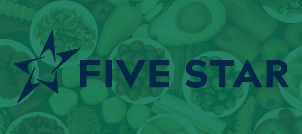 Dark blue FIVE STAR text and star logo overlay a green-tinted background featuring various fruits, vegetables, and nuts arranged in bowls and scattered.