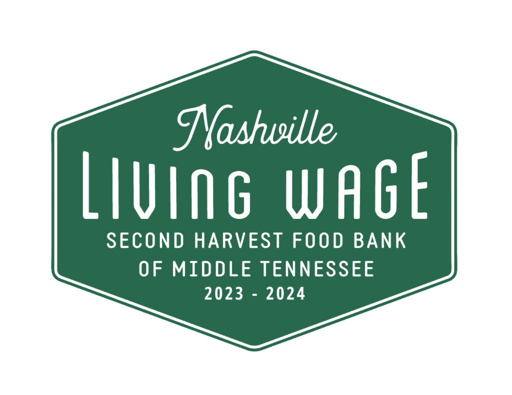 A green hexagon badge with white text reads: Nashville Living Wage, Second Harvest Food Bank of Middle Tennessee, 2023-2024.