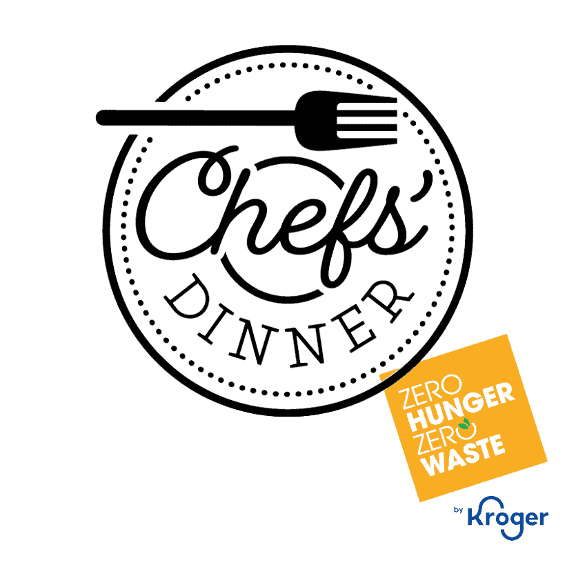 Black and white Chefs Dinner logo with a fork above the text, alongside a yellow square that says Zero Hunger Zero Waste by Kroger in the bottom right corner.