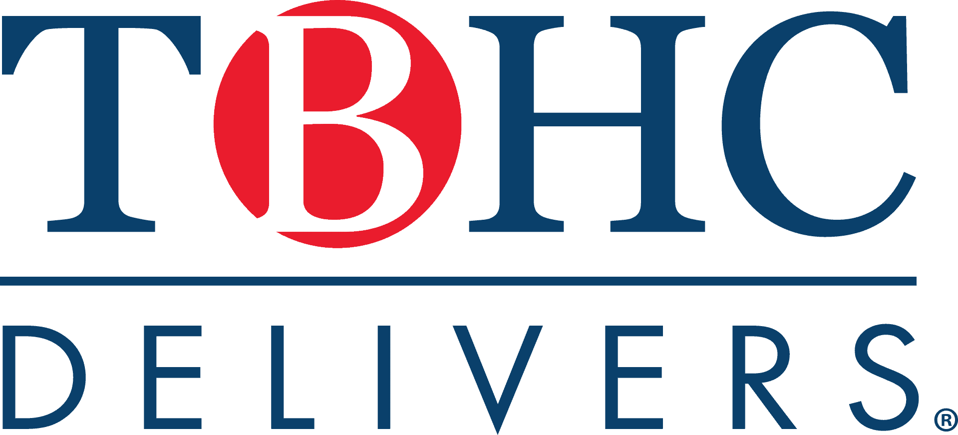 Logo of TBHC Delivers, with the letters TBHC in blue, a red circle around the letter B, and the word DELIVERS in blue capital letters below with two horizontal blue lines.