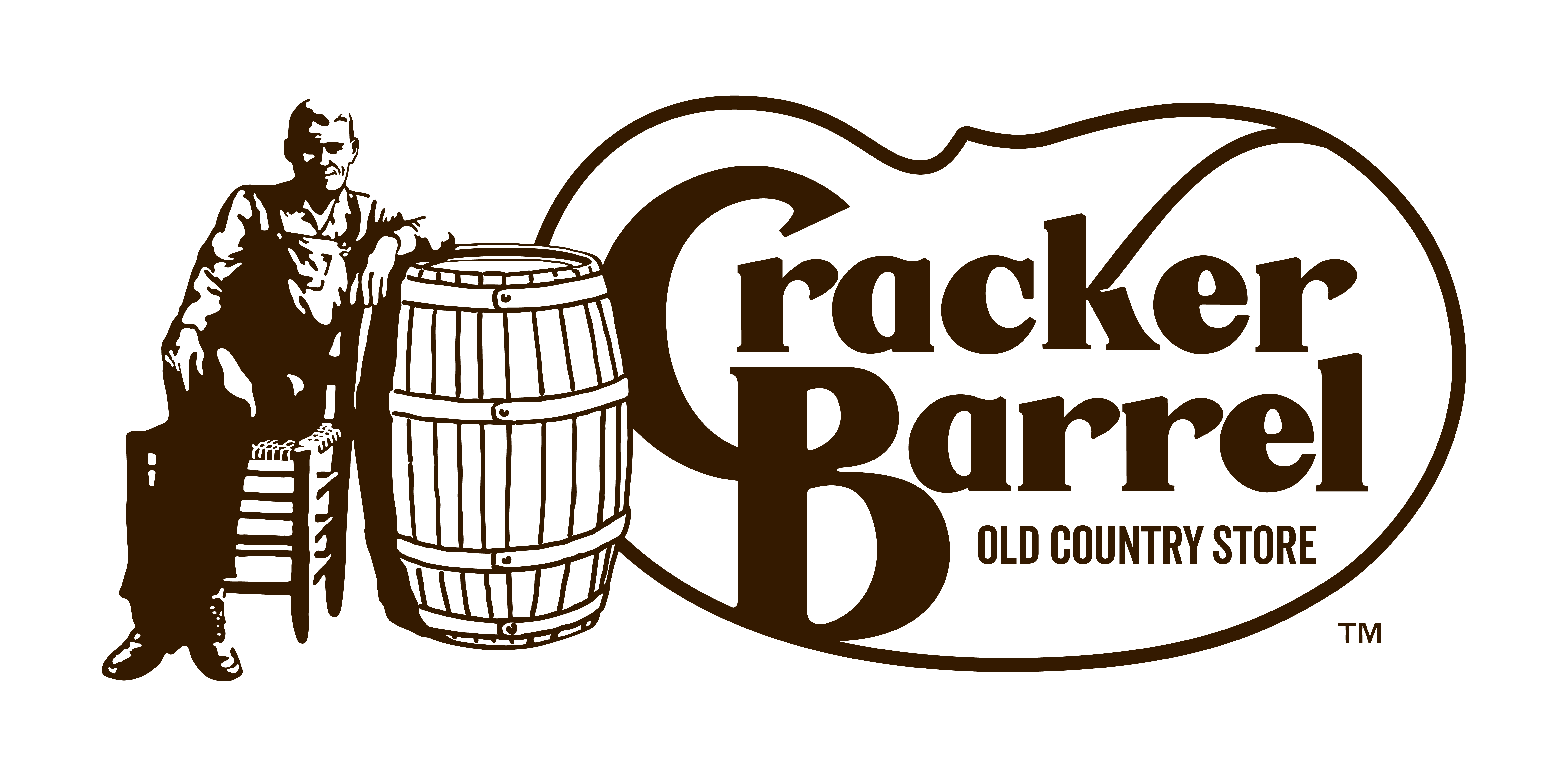 Cracker Barrel Old Country Store logo featuring a man sitting on a chair next to a large barrel, with stylized text and an outline of a rocking chair in the background.