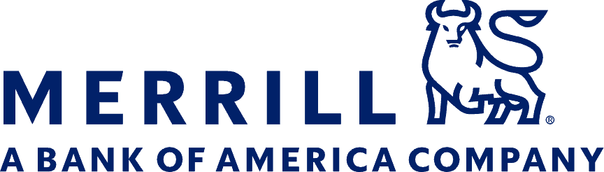 Merrill logo featuring a stylized blue bull and the text MERRILL A BANK OF AMERICA COMPANY in bold, blue uppercase letters on a light background.