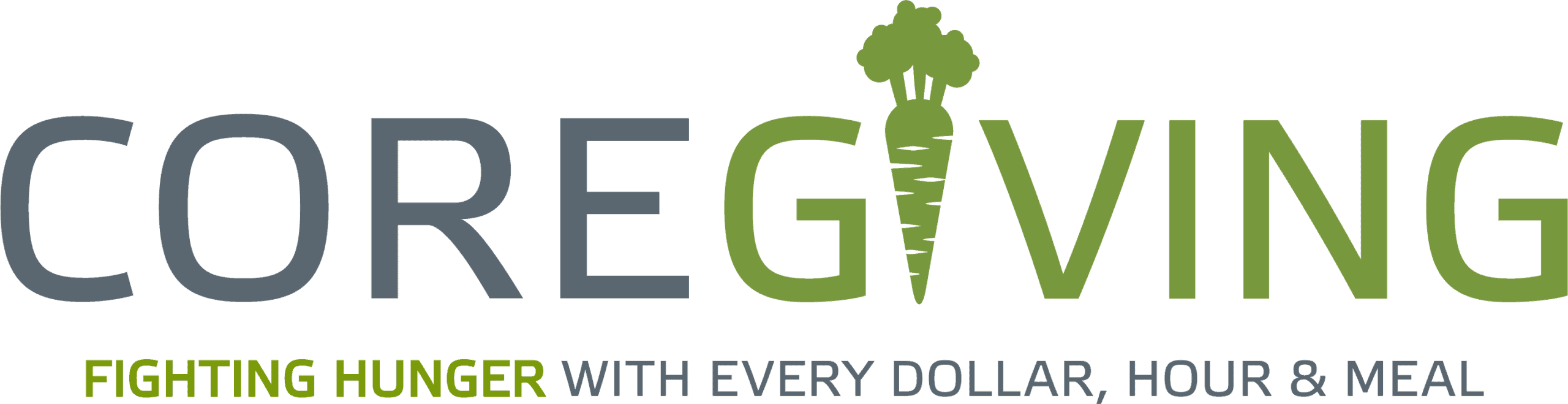 CORE GIVING logo with the word GIVING in green and a carrot as the I. Below, it reads, FIGHTING HUNGER WITH EVERY DOLLAR, HOUR & MEAL in green and gray text.