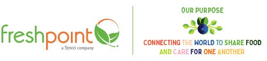 FreshPoint logo with a green leaf and the words a Sysco company. Next to it, text reads: Our Purpose—Connecting the world to share food and care for one another, with a globe and leaves graphic.