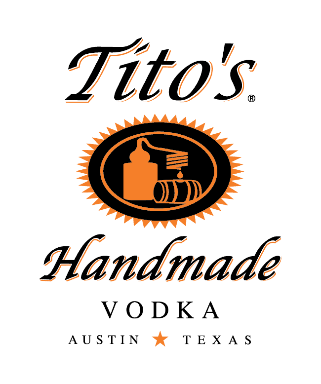Titos Handmade Vodka logo featuring a copper still inside an orange and black oval, with the text Titos Handmade Vodka Austin Texas in stylized fonts.