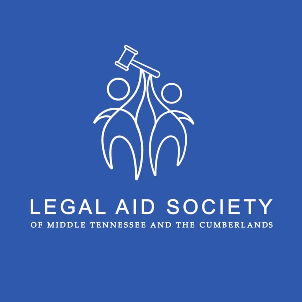 legal aid society of middle tn and the cumberlands logo. Two drawn figures holding a gavel over the name of the organization. 