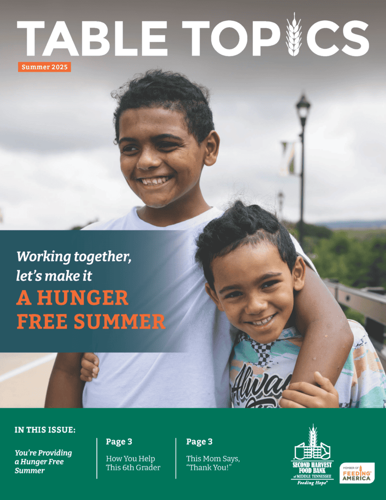 Two smiling boys stand close together outdoors, one with his arm around the other. The text promotes a Hunger Free Summer and highlights a food bank initiative for summer 2025.