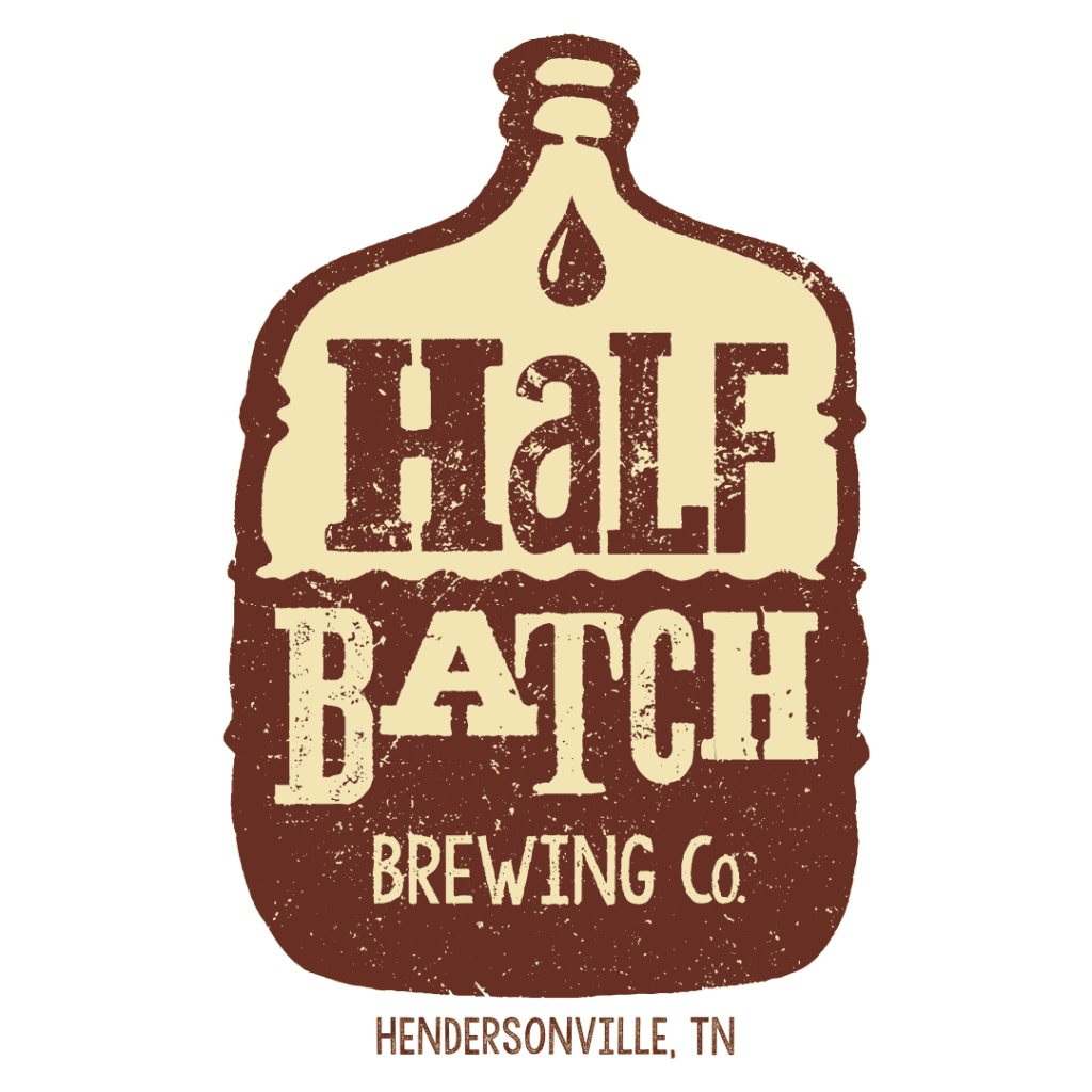 Logo of Half Batch Brewing Co. in a stylized brown and tan beer growler shape, with distressed text. “Hendersonville, TN” is written below.