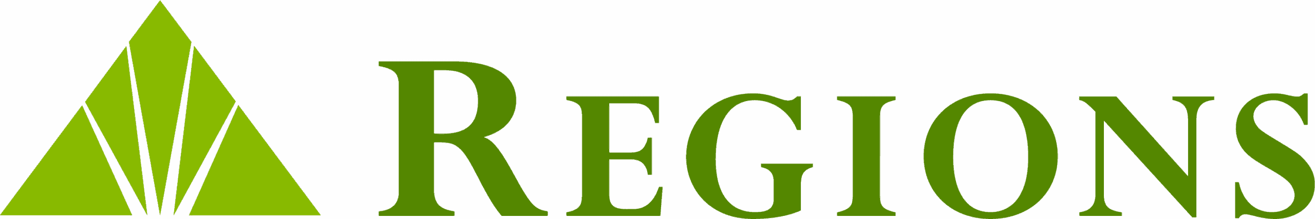 The image shows the green logo of Regions Bank, featuring a stylized triangle with white lines inside, next to the word REGIONS in bold green capital letters.