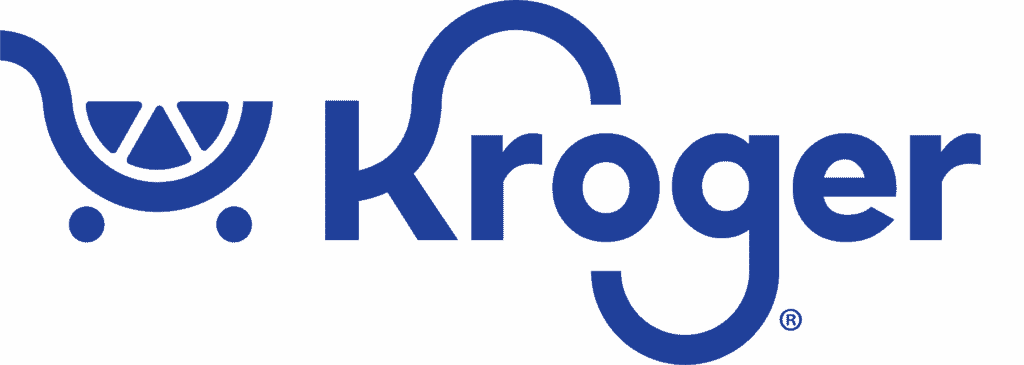 Blue Kroger logo with a shopping cart icon to the left, integrated into the capital K of the word Kroger written in bold, rounded letters on a light background.