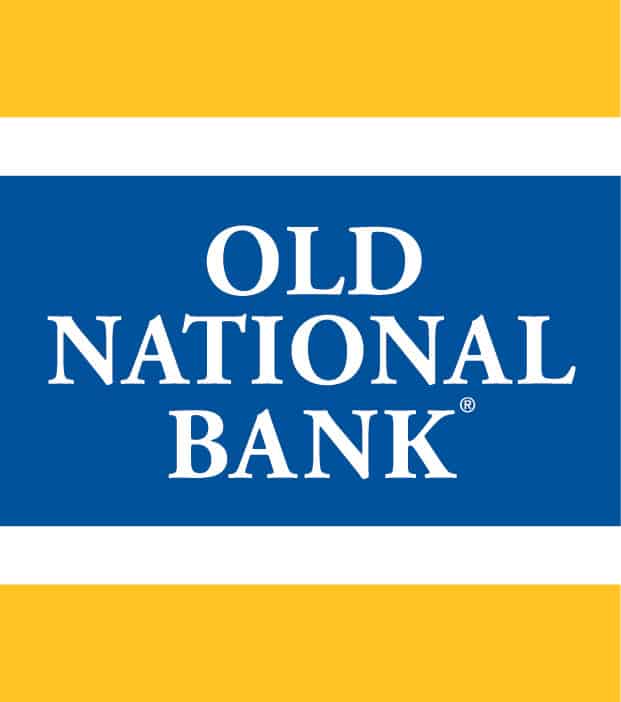 Old National Bank logo with white text on a blue rectangle, bordered by yellow and white horizontal stripes at the top and bottom.