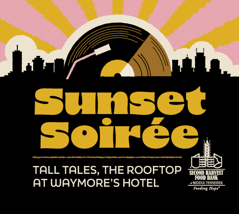 A retro-style graphic shows a vinyl record and stylus against a sunset skyline. Text reads Sunset Soirée and Tall Tales, The Rooftop at Waymore’s Hotel. Bottom right features Second Harvest Food Bank’s logo.
