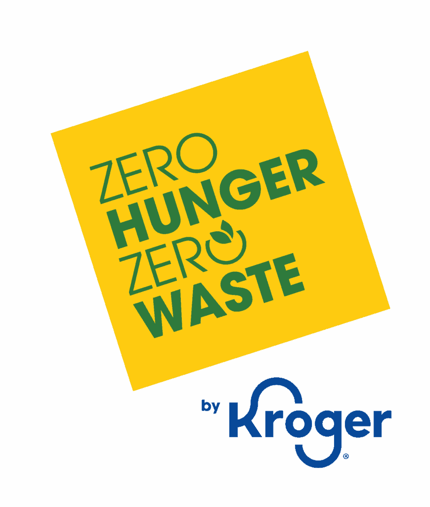 Yellow square with green text reading Zero Hunger Zero Waste, with the O in Hunger as a plate and fork. Below, blue text says by Kroger with the Kroger logo. White background.
