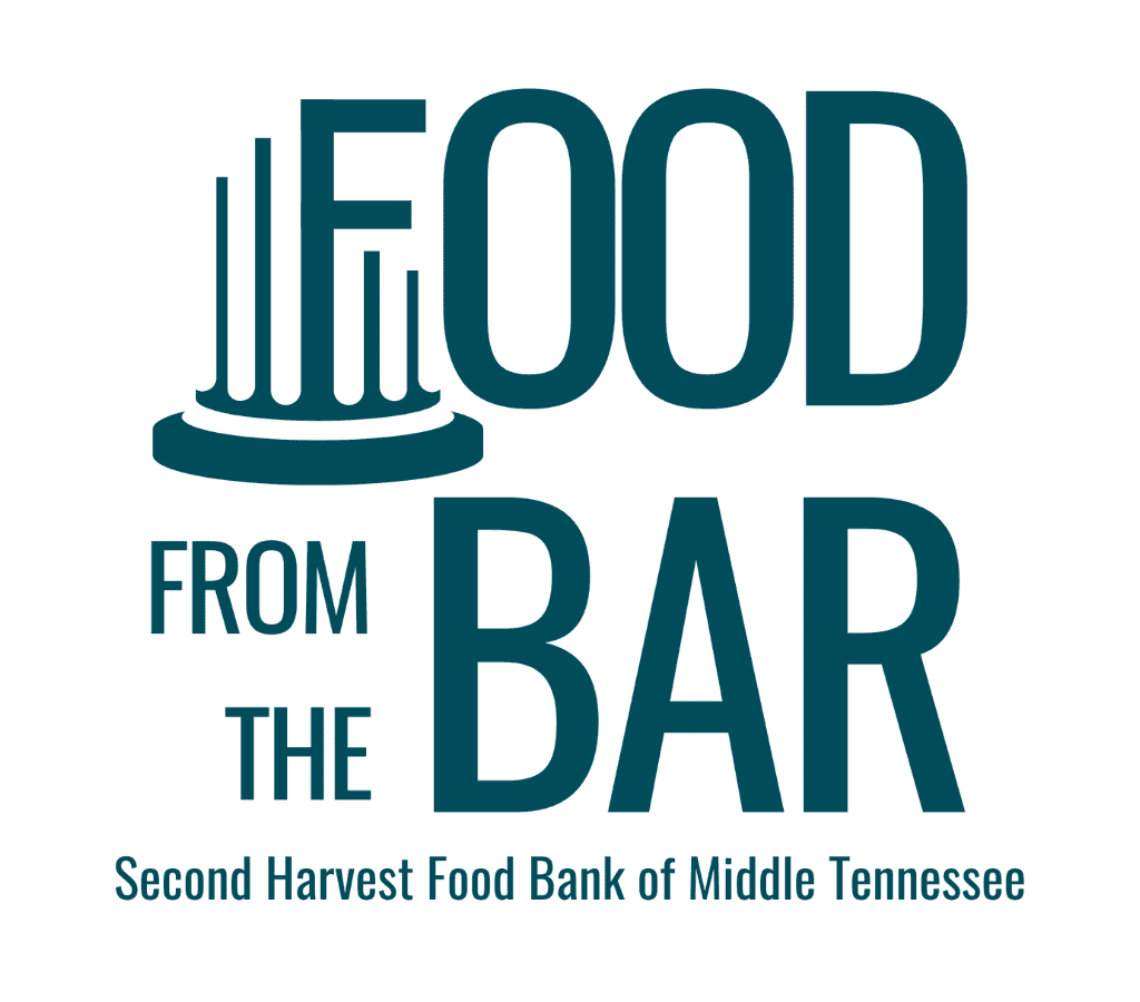Logo with stylized courthouse columns forming the letter F in FOOD FROM THE BAR, and Second Harvest Food Bank of Middle Tennessee written below.