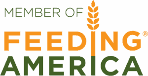 Logo showing the words Member of Feeding America with a stylized wheat stalk forming part of the letter I in Feeding and text in green and orange colors.