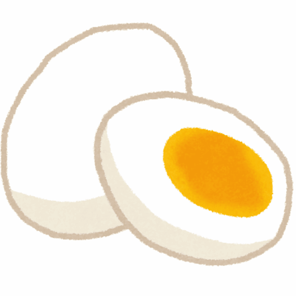 A simple illustration of a hard-boiled egg, with one half shown whole and the other half sliced to reveal a yellow yolk inside a white egg.