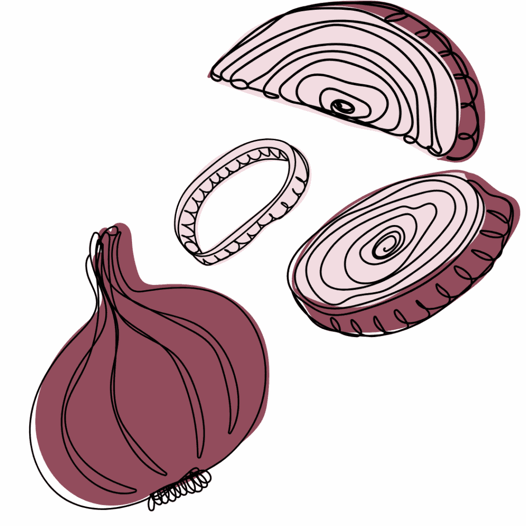 A stylized illustration of a red onion, shown whole, sliced in half, in a round slice, and as a ring, all with simple, overlapping lines and shades of purple.
