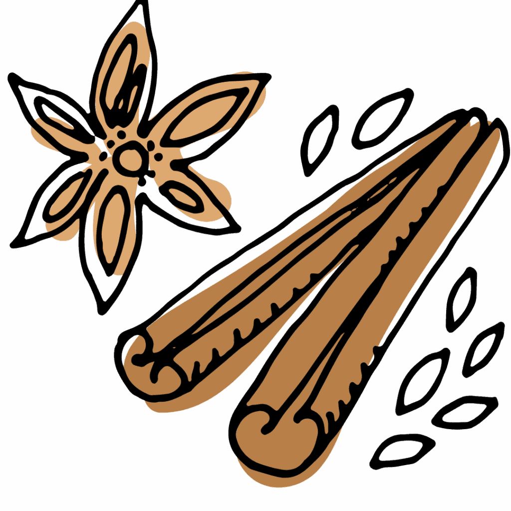 A drawing of two cinnamon sticks, a star anise, and several cloves arranged on a white background.