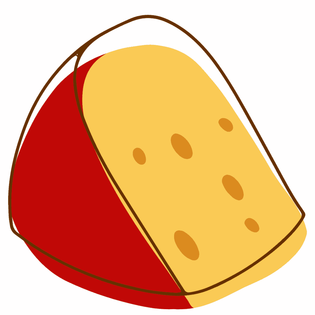 A simple illustration of a wedge of yellow cheese with brown holes, partially wrapped in red wax coating.