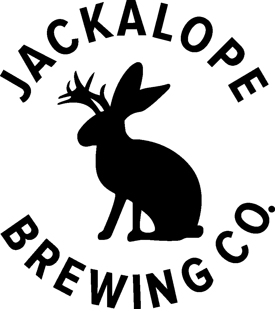Black silhouette of a jackalope (rabbit with antlers) centered inside a circular arrangement of the text JACKALOPE BREWING CO. in bold, uppercase letters.