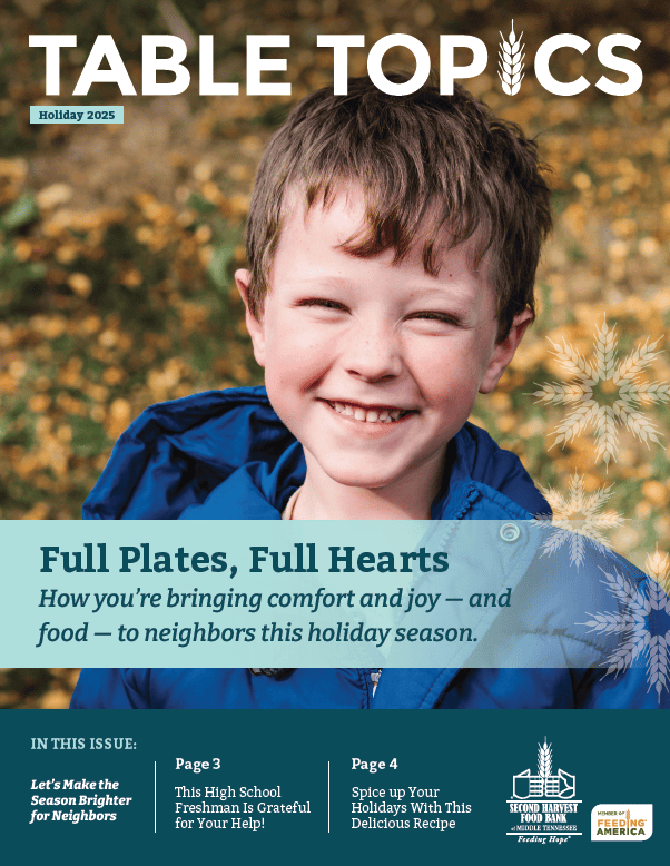 A young boy with short brown hair and a blue jacket smiles outdoors in front of pine trees. The magazine cover headline reads, Full Plates, Full Hearts.