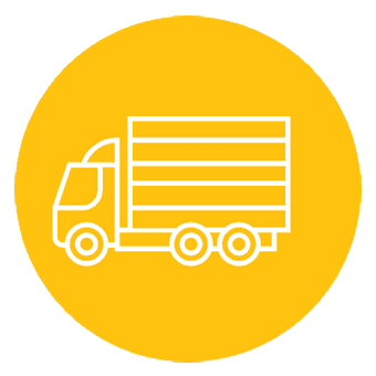 White outline of a delivery truck on a solid yellow circular background.