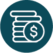 White icon of a stack of coins with a dollar sign on one coin, set against a dark teal circular background.