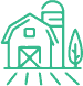 Simple green line drawing of a barn with a silo, a tree beside it, and lines suggesting a field or rays extending from the front of the barn.