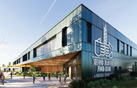 Modern building with a sign reading Second Harvest Food Bank of Middle Tennessee, featuring large windows, an overhanging roof, and people walking outside on a sunny day.