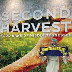 A person dressed as Moses holds a banner reading “Let My People GoAL” in front of a large Second Harvest Food Bank of Middle Tennessee sign with a collage background.