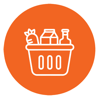 White outline of a grocery basket filled with a carrot, a carton, and a bottle, centered on an orange circular background.