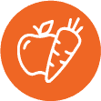 White outline drawing of an apple and a carrot on an orange circular background.