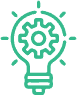 Green outline icon of a light bulb with a gear inside, symbolizing innovation, ideas, or technical solutions. Lines around the bulb suggest light or inspiration.
