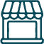 Simple icon of a storefront with a striped awning above a large window or door, drawn in dark teal lines on a white background.