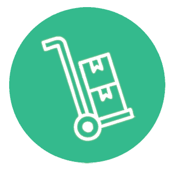 White outline of a hand truck carrying two stacked boxes, centered on a green circular background.