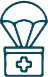 A simple line drawing of a parachute carrying a box with a medical cross symbol, representing medical supplies being delivered by air.