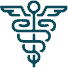 A teal caduceus symbol featuring two snakes winding around a winged staff, commonly associated with medicine and healthcare.