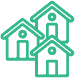 Three simple, green, outlined house icons are arranged closely together, symbolizing a community or neighborhood.