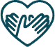 A heart-shaped outline with two hands inside, palms facing inward and fingers spread, symbolizing care, support, or compassion.